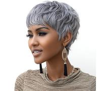 DOcute Perruque grise de densité de 150 % avec frange, perruque courte bou pour femme, perruque sans colle, sans colle, sans nœuds, sans perte de cheveux