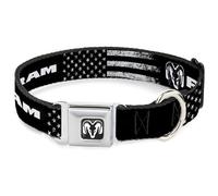 Dodge Collier pour chien avec boucle de ceinture de sécurité en métal, texte Ram et logo Americana vieilli, noir et blanc, 24,1 à 33 cm, 2,5 cm de large