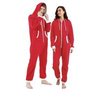 Dodheah Unisexe Onesie Adulte Pyjama à Fermeture éclair Ensemble à Capuche Une Pièce Noël Sleepwear Loungewear Red White Zipper L