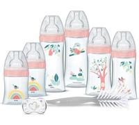 Dodie Kit Naissance - 6 Biberons Anti-Colique Tétines Plates, 1 Sucette Anatomique 0-2 Mois, 1 Goupillon - Sans BPA - Rose