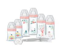 Dodie Kit Naissance - 6 Biberons Anti-Colique Tétines Plates (2x150 mL, 2x270 mL, 2x330 mL), 1 Sucette Anatomique 0-2 Mois, 1 Goupillon - Sans BPA - Rose