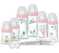 DODIE Kit nouveau-né - 6 biberons anti-coliques (2 x 150 ml ; 2 x 270 ml ; 2 x 330 ml), 1 sucette anatomique, 0-2 mois, 1 brosse à biberon - sans BPA - Rose