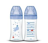 Dodie Lot de 2 Biberons Anti-Colique Sensation+ (2 x 270 ml) - Tétine Plate, Débit 2, Sans BPA - 0-6 mois - Bleu Mer - 2 Unité