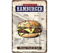 DODINO Plaque murale en métal HAMBURGER 20x30cm, Style rétro vintage, Pour cuisine, pub, bar, café, maison, cave, garage