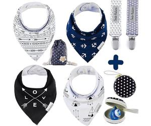 Dodo Babies L'ensemble de bavoirs bandana Drool comprend quatre bavoirs 100% coton, une doublure en polyester doux, un pois bleu marine et un ajustement par bouton-pression réglable pour 3 à 24 mois.