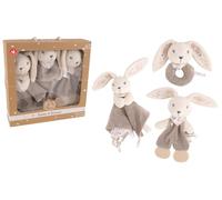 DODO D'AMOUR - Ensemble Doudou Hochet et Palmier à Dentir - Lapin - 053060 - Couleurs Assorties - Doudou - Naissance - Peluche - Bébé - Apaisant - Doux - Lavable - 29 cm x 22 cm - A partir de 0 mois