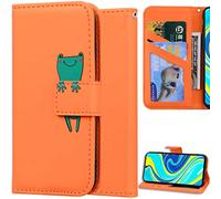 DodoBuy Coque pour Xiaomi Redmi Note 9S/9 Pro/9 Pro Max, Dessin Animé Animal Modèle Magnétique Flip Wallet Protection Cover Housse Étui Case PU Cuir Supporter Carte de Crédit Fentes-Orange Grenouille