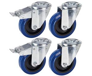 Dörner + Helmer Lot de 4 roulettes professionnelles en caoutchouc élastique bleu, 100 mm, trou pour le dos, mélange de rouleaux, capacité de charge 450 kg