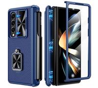 Doeshine Coque Samsung Galaxy Z Fold 4 avec porte-stylo S, béquille anneau rotatif, protection d'écran avant, charnière magnétique, coque résistante aux chocs (bleu)