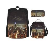 DOFFO Chicago City Lot de 3 sacs à dos pour ordinateur portable avec sac à déjeuner et pochette à crayons, noir, One Size