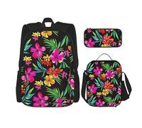 DOFFO Ensemble de 3 sacs à dos à imprimé floral hawaïen, sac à dos de voyage pour ordinateur portable pour femmes et hommes, sac à dos décontracté avec sac à déjeuner, trousse à crayons, noir, One