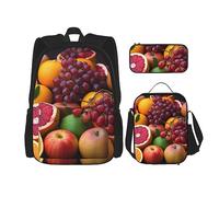 DOFFO Ensemble de 3 sacs à dos avec imprimé de fruits, sac à dos pour ordinateur portable de voyage pour femmes et hommes, sac à dos décontracté avec sac à déjeuner, trousse à crayons, noir, One Size