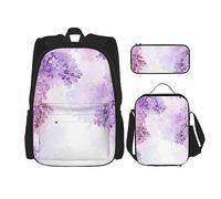 DOFFO Ensemble de 3 sacs à dos avec imprimé fleurs lilas en fleur, sac à dos de voyage pour ordinateur portable pour homme et femme, sac à dos décontracté avec sac à déjeuner, trousse à crayons, noir,