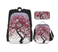 DOFFO Ensemble de 3 sacs à dos de voyage pour ordinateur portable avec sac à déjeuner et trousse à crayons Motif cerisier japonais, noir, One Size