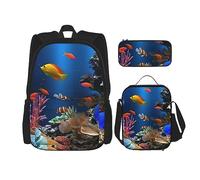 DOFFO Ensemble sac à dos imprimé vie marine, sac à dos de voyage pour ordinateur portable pour homme et femme, sac à dos décontracté avec sac à déjeuner, trousse à crayons, noir, taille unique, Noir ,