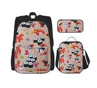 DOFFO Lot de 3 sacs à dos avec imprimé sushi - Sac à dos de voyage pour ordinateur portable - Sac à dos décontracté avec sac à déjeuner et pochette à crayons, noir, One Size