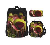 DOFFO Lot de 3 sacs à dos carnivores avec imprimé végétal - Sac à dos de voyage pour ordinateur portable - Sac à dos décontracté avec sac à déjeuner et trousse à crayons, noir, One Size