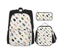 DOFFO Lot de 3 sacs à dos de voyage pour ordinateur portable avec sac à déjeuner et pochette à crayons Motif ananas, noir, One Size