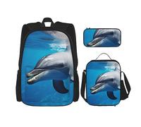 DOFFO Lot de 3 sacs à dos de voyage pour ordinateur portable avec sac à déjeuner et pochette à crayons Motif dauphin, noir, One Size