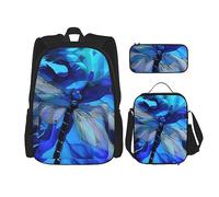 DOFFO Lot de 3 sacs à dos de voyage pour ordinateur portable avec sac à déjeuner et pochette à crayons Motif libellule, noir, One Size