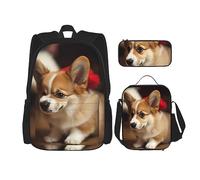DOFFO Lot de 3 sacs à dos de voyage pour ordinateur portable avec sac à déjeuner et pochette à crayons Motif corgi, noir, One Size