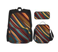 DOFFO Lot de 3 sacs à dos de voyage pour ordinateur portable avec sac à déjeuner et pochette à crayons - Motif rayures colorées, noir, One Size