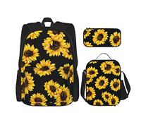 DOFFO Lot de 3 sacs à dos de voyage pour ordinateur portable avec sac à déjeuner et trousse à crayons Motif tournesols printaniers, noir, One Size