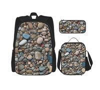 DOFFO Lot de 3 sacs à dos de voyage pour ordinateur portable avec sac à déjeuner et trousse à crayons Motif pierres de plage, noir, One Size