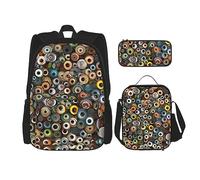 DOFFO Lot de 3 sacs à dos imprimés yeux et boules pour ordinateur portable - Sac à dos de voyage décontracté avec sac à déjeuner et pochette à crayons, noir, One Size