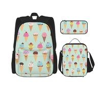 DOFFO Lot de 3 sacs à dos pour ordinateur portable de voyage avec sac à déjeuner et pochette à crayons - Motif cônes de glace, noir, One Size