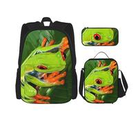 DOFFO Lot de 3 sacs à dos pour ordinateur portable de voyage avec sac à déjeuner et trousse à crayons Motif grenouille verte, noir, One Size