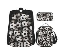 DOFFO Lot de 3 sacs à dos pour ordinateur portable de voyage avec sac à déjeuner et trousse à crayons - Motif football - Pour homme et femme, noir, One Size