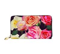 DOFFO Portefeuille en cuir imprimé roses pour femme - Porte-monnaie fin avec fermeture éclair - Porte-cartes - Rose coloré - Taille unique, Roses colorées., Taille unique