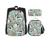 DOFFO Sweet Basset Hound Imprimé Floral Sac à Dos Set, Sac à Dos pour Ordinateur Portable de Voyage pour Femmes Hommes Sac à Livres Décontracté avec Sac à Lunch Pochette Crayon 3 Pièces, Noir, Taille