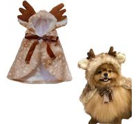 Dog Cat Costume, Puppy Reindeer Cloak Outfit with Elk Antlers Hat, Soft Xmas Cape for Cats Puppy Holiday Cosplay Party Suitable for Small Medium Dog (L).
