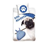 Dog Chien Adventures Bleu Parure de Lit enfant Housse de Couette Réversible 100% Coton 140x200 + taie D'Oreiller 70x80