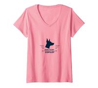 Dog is My Copilot - Aventure de Voyage pour Amoureux des Animaux T-Shirt avec Col en V, Femme, Rose, L
