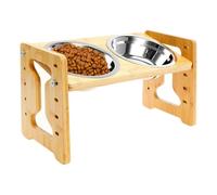 Dog Raised Bowls- Ergonomic Tilted Wooden Stand, Anti-Slip Adjustable Holder | Stainless Steel Slow Feeder Raised Dog Bowl for Puppy, Cat, Food, Water, Drinking, Eating, Indoor, Home