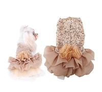 Dog Wedding Dress | Sequined Princess Bubble Skirt with Gauze Hemline | Small Pet Clothes for Parties/Photos/Gatherings | Gold & Grey, XS to XL (Gold)