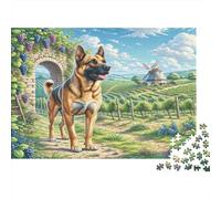 Dogo Argentin Papier Berger Allemand dans vignoble avec Moulin à Vent Puzzle Anti-Ennui Cadeau de Collection 52x38cm/1000 pièces