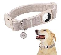 DOGWONG Airtag Collier pour chien en chanvre et coton - Collier robuste avec support Airtag - Tissu naturel beige - Collier mignon pour chiens de petite, moyenne et grande taille