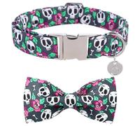 DOGWONG Collier d'Halloween fantôme pour chien avec nœud papillon, tête de mort rose, collier en coton doux pour chiens de petite, moyenne et grande taille