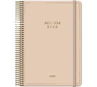 Dohe Agenda 2026 1 jour par page, format A5 (14 x 20 cm), fermeture à spirale dorée et élastique, gravures dorées, 12 mois de janvier à décembre, planificateur annuel en espagnol - Velours beige