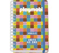 Dohe - Agenda Scolaire 2025 2026 - Semainier, Taille A5 (15x21 cm), Espagnol et Anglais, Fermeture à Spirale Double et Élastique, Couverture Rigide, 4 Pages d'Autocollants - Playmobil Unite As One