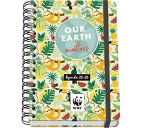 DOHE - Agenda Scolaire 2025 2026 - Semainier, Taille A5 (15x21 cm), Espagnol et Anglais, Fermeture à Spirale Double et Élastique, Couverture Rigide, 4 Pages d'Autocollants - WWF Tropic