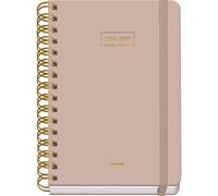 Dohe - Agenda Scolaire 2026 2027 - Septembre/Juin, Jour par Page, A5 15x21 cm, Couverture Rigide Souple, Double Spirale, Fermeture Élastique, 2 Pages d’Autocollants, Espagnol et Anglais - Beige