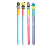 Dohe - Stylos effaçables Cactus (4 unités) - Stylos mignons avec gomme, encre bleue, pointe à bille 1 mm, garçons, filles, école, école et classe, matériel scolaire, motifs aléatoires possibles