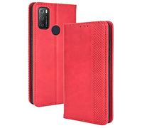 DOINK Coque en Rétro Cuir pour Alcatel 1S 2021, Premium Etui en Pochette avec Fentes pour Cartes et Espèces - Rouge