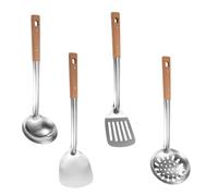 DOITOOL 4 Pièces Set de Ustensiles Acier Inoxydable pour Wok avec Manche Bois Spatule Écumoire Louche et Tourne-omelette Ergonomiques pour Cuisson Polyvalente à Domicile et Restaurant