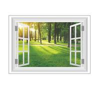 DOITOOL Décoration Murale Autocollante Paysage Naturel Forêt Ensoleillée Adhésif Effet Fausse Fenêtre pour Salon Chambre Bureau Facile à Poser Autocollant Nature Décoratif